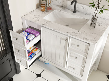 37" Bathroom Vanity, Multi Functional Cabinet With Doors And Drawers, Frame, Single Faucet Hole - White