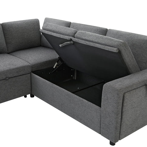 U - Shaped Convertible Sectional Sofa Bed With Storage, USB Charger & Cup Holders