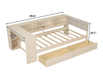 Upholstered Headboard Platform Bed With Storage Shelves, Drawers, Charging Station