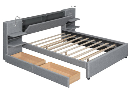 Upholstered Platform Bed With Reading Lights, Drawers, Trundle And Shelves