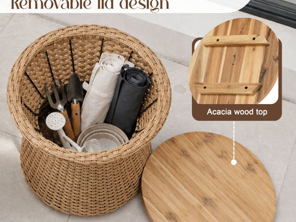 Stool With Lid, Wicker Accent Table, Indoor Outdoor Side Table - Brown White