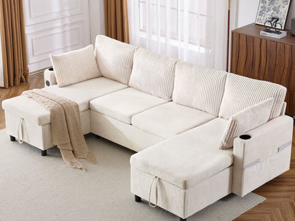 Sectional Sofa Bed With Pull Out Sleeper, USB Ports, Cup Holders