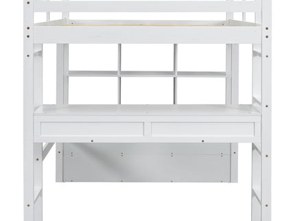 Full Size Loft Bed With Built In Desk, 2 Drawers, Storage Shelves - White