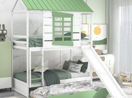 Twin Over Twin House Bunk Bed With Convertible Slide And Trundle - White