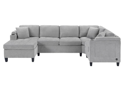 U Shaped Sectional Sofa, Corner Living Room Couch With Built In Cup Holders, Storage, USB Ports