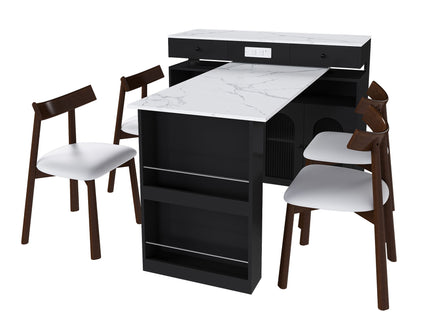Retro Kitchen Island Set With Chairs, Extendable & Rotating Table, 4 Drawers & Door Cabinets