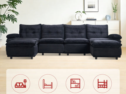 Upholstery Modular Sectional Sofa , 4 Seater With 2 Ottomans For Living Room - Black