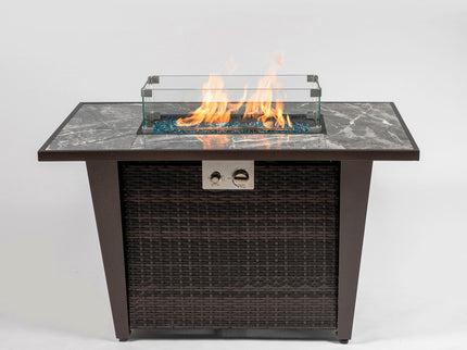 Fire Pit Table, Glass Wind Guard And Rain Cover, Lid - Brown