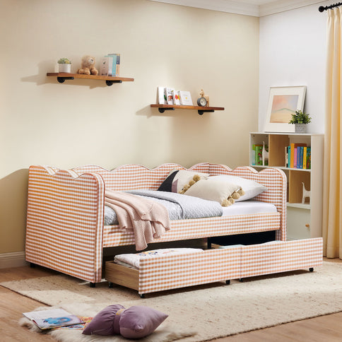 Gingham Daybed With USB Charging Port, Wave-Shaped Design