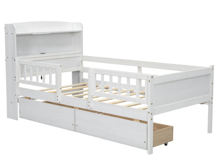 Platform Bed With LED Light, Multi Functional Headboard, Guardrail And 2 Drawers