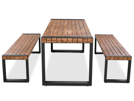 3 Pieces Outdoor Dining Table With 2 Benches, Patio Dining Set With Unique Top Texture, Acacia Wood Top & Steel Frame, All Weather Use, For Outdoor & Indoor - Natural