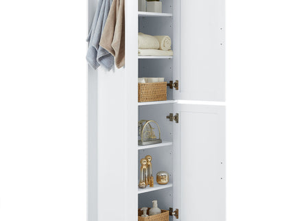 Tall Freestanding Bathroom Storage Cabinet With Adjustable Shelves And Side Hooks