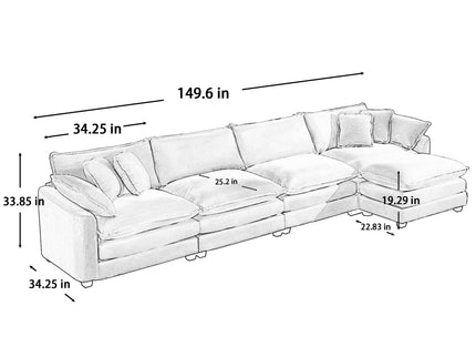 Modern Oversized Modular Cushion Sofa With Ottoman, Low Back, Deep Seating Sofa Set