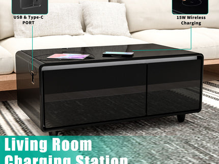 Modern Smart Coffee Table With Built-In Fridge - tooth Speaker, Wireless Charging, Touch Control Panel, USB Interface, Outlet Protection, Atmosphere Light