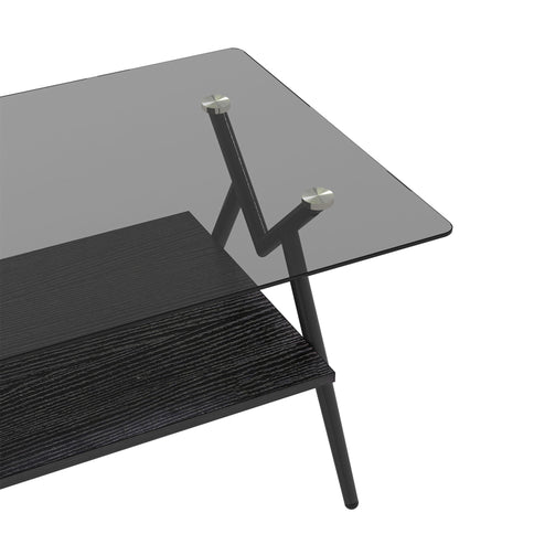 Rectangle Coffee Table With Tempered Glass Top And Shelf, Modern Table For Living Room