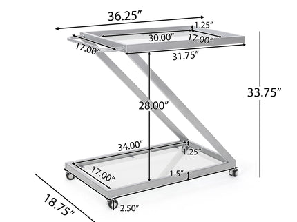 Modern Z Shaped Bar Cart With Tempered Glass Shelves - Silver