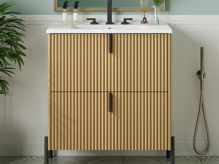 Fluted Bathroom Vanity With Ceramic Sink, Freestanding Design