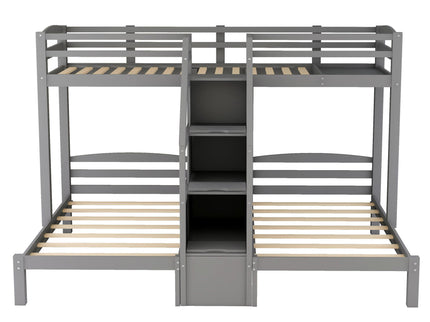 Twin Over Twin & Twin Bunk Bed With Built In Staircase And Storage Drawer - Gray