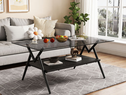 Rectangle Coffee Table With Tempered Glass Top And Shelf, Modern Table For Living Room