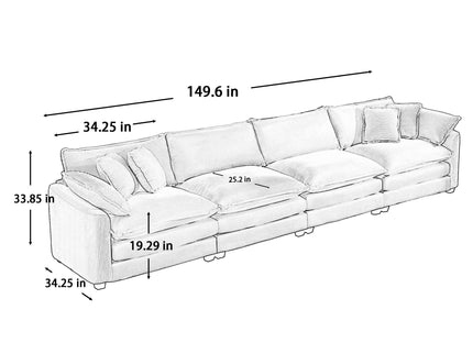 Modern Upholstered 4 Seater Fabric Sofa With Arm And Throw Pillows