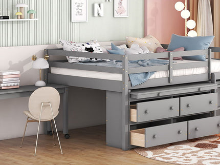 Loft Bed With Retractable Writing Desk And 4 Drawers, With Lateral Portable Desk And Shelves