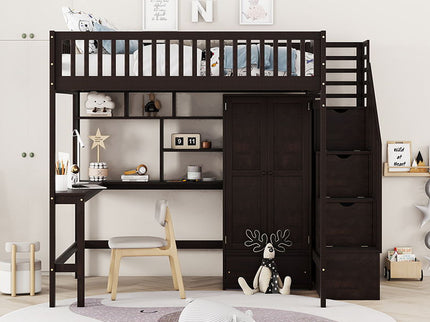 Loft Bed With Bookshelf, Drawers, Desk, And Wardrobe