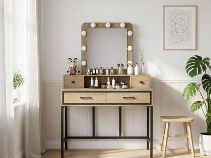 Vanity Desk With 3 Color Lighted Mirror And 4 Drawers