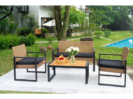 4 Piece Patio Furniture Set With Acacia Wood Table Top And Cushions