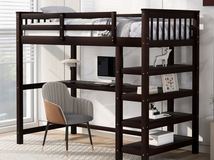 Loft Bed With Storage Shelves And Under Bed Desk