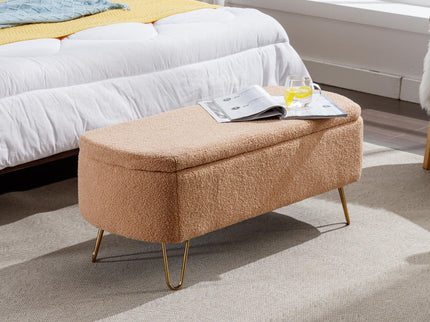 Storage Ottoman Bench For End Of Bed Legs, Modern Camel Faux Fur Entryway Bench Upholstered Padded With Storage For Living Room Bedroom