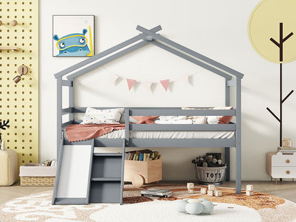 Low Loft House Bed With Slide, Ladder, Safety Guardrails, House Roof Frame