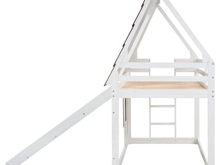 Wood Twin Size House Bunk Bed With Roof, Ladder And Slide - White / Brown