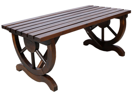 Rustic Wooden Bench With Wagon Wheel Legs For Garden And Patio - Brown