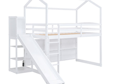 House Loft Bed With Slide, Storage Shelves And Light, Climbing Ramp