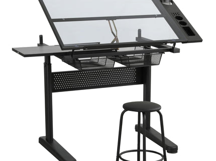 Hand Crank Adjustable Drafting Table Drawing Desk With 2 Metal Drawers With Stool