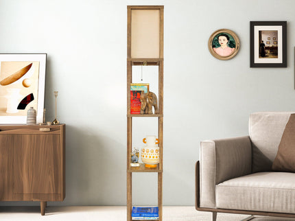 Pinnacle - Shelf Floor Lamp For Bedroom / Living Room, Long Shade - Natural Wood / White
