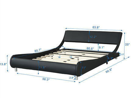 Queen Size Upholstered Platform Bed Frame With LED Lighting, Curve Design, Slat Support, No Box Spring Needed - Black