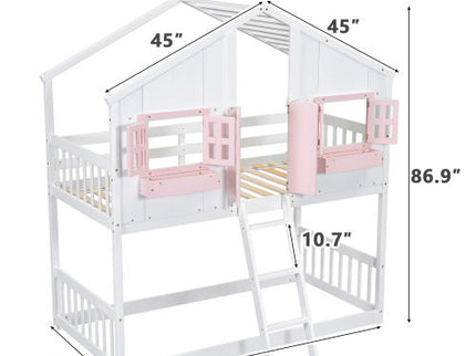 House Bunk Bed With Roof, Window, Window Box, Door, With Safety Guardrails And Ladder