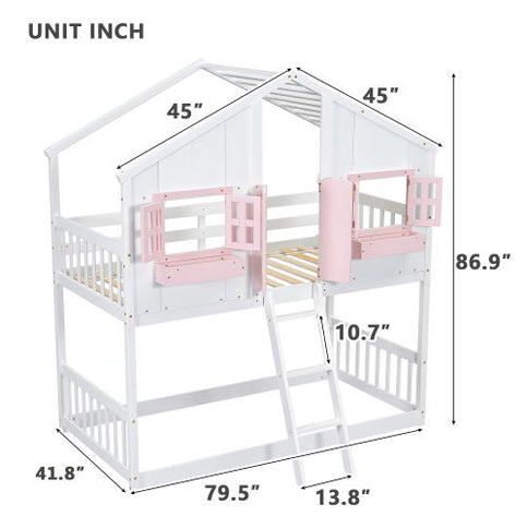 House Bunk Bed With Roof, Window, Window Box, Door, With Safety Guardrails And Ladder