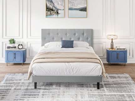 Modern Upholstered Platform Bed Frame With Button Tufted Fabric Headboard