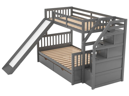 Bunk Bed With Storage Staircase, Slide, Desk, Drawers, And Shelves