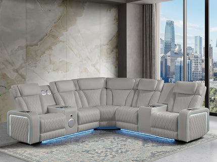 Electra - Power Recliner Sectional Sofa With Power Headrests, Console Loveseats, Wedge, LED Light Strip, Speakers