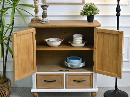 Accent Flower Carved Door Sideboard Cabinet With 2 Drawers For Kitchen - Natural Wood Wash / White