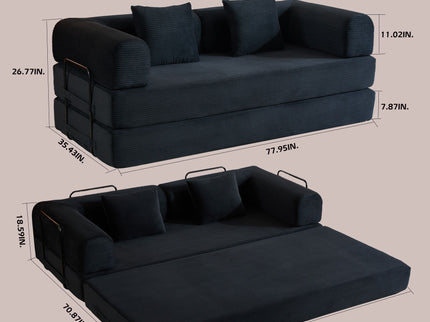 Convertible Sleeper Sofa Bed With Cylindrical Pillow, With Fixed Shape Frame