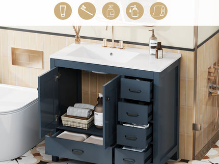 Bathroom Vanity With Ceramic Sink Combo, Abundant Storage Cabinet 2 Soft Close Doors And 5 Drawers