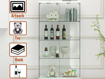 Glass Display Cabinet With LED Lights, Tempered Glass Doors, Large Drawers, 2 Door Storage Case With 4 Shelves - Natural / White