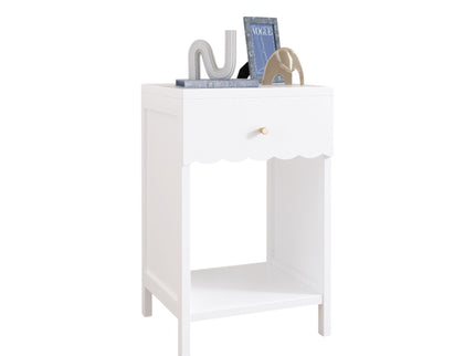 Nightstand With Drawer And Open Shelf, Scalloped Edge Bedside Table