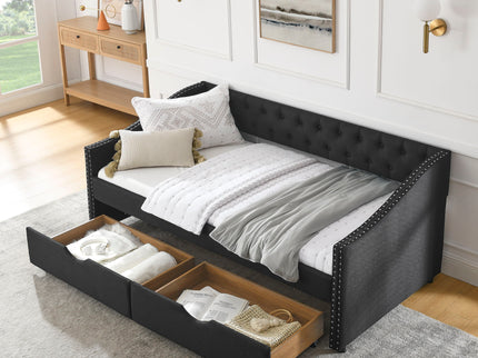 Upholstered Tufted Daybed With 2 Drawers, Waved Arms