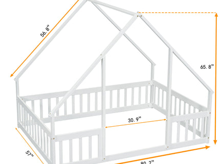 Wood House-Shaped Floor Bed With Fence, Guardrails