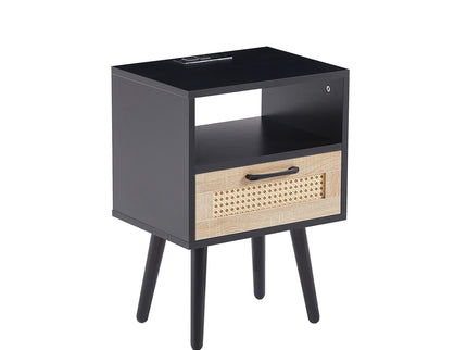 15.75" Rattan End Table With Power Outlet & USB Ports, Modern Nightstand With Drawer And Solid Wood Legs, Side Table For Living Room, Bedroom